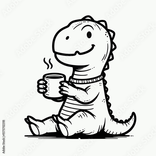 A Dinosaur hold coffee mug. Cartoon Line Art Clipart Minimal Retro Vector Illustration. Reptile clutches beverage container comical prehistoric animal drinks tea.