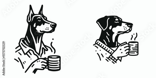A Doberman Pinscher Dog hold coffee mug. Cartoon Line Art Clipart Minimal Retro Vector Illustration. Canine with mug large breed pet beverage home decor drinkware java.