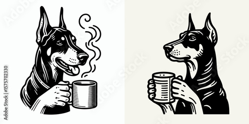 A Doberman Pinscher Dog hold coffee mug. Cartoon Line Art Clipart Minimal Retro Vector Illustration. Canine pet grips warm drink container breed at home.