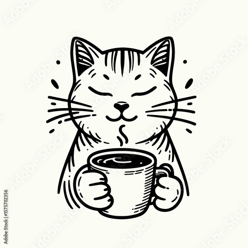 A Domestic Shorthair Cat hold coffee mug. Cartoon Line Art Clipart Minimal Retro Vector Illustration. Feline mug containing hot beverage housecat using drinkware item.