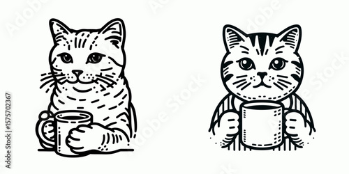 A Domestic Shorthair Cat hold coffee mug. Cartoon Line Art Clipart Minimal Retro Vector Illustration. Feline companion gripping beverage container shorthaired pet with warm drink.