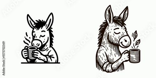 A Donkey hold coffee mug. Cartoon Line Art Clipart Minimal Retro Vector Illustration. Burro grip beverage cup comical animal with hot drink container.
