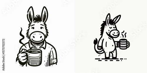 A Donkey hold coffee mug. Cartoon Line Art Clipart Minimal Retro Vector Illustration. Equine grips warm beverage container cute mule enjoys caffeine drink.