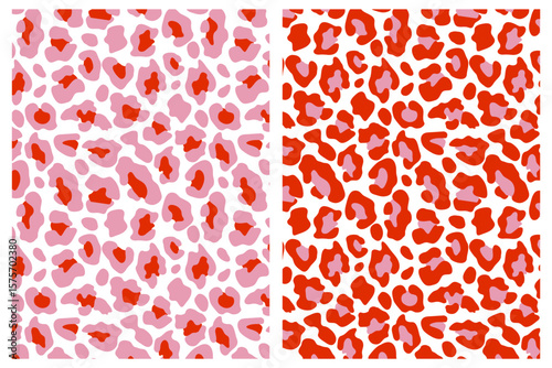 Bright pink and red seamless leopard print pattern set. Trendy animal backgrounds for girly fashion, textile or party decor.