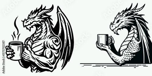 A Dragon hold coffee mug. Cartoon Line Art Clipart Minimal Retro Vector Illustration. Reptile clutches beverage cup mythical beast with drinkware cool ceramic giftware.