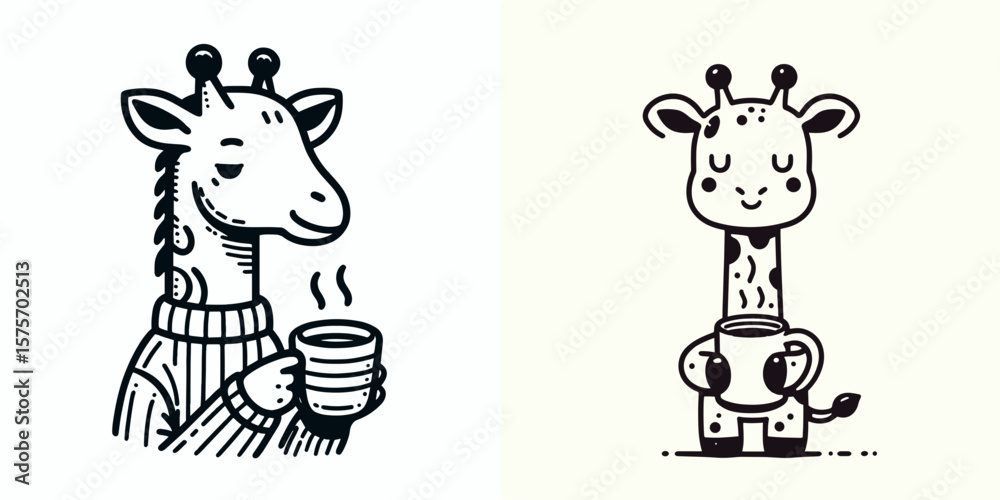 Obraz premium A Giraffe hold coffee mug. Cartoon Line Art Clipart Minimal Retro Vector Illustration. Tall creature drinking brew from cup fun morning image.