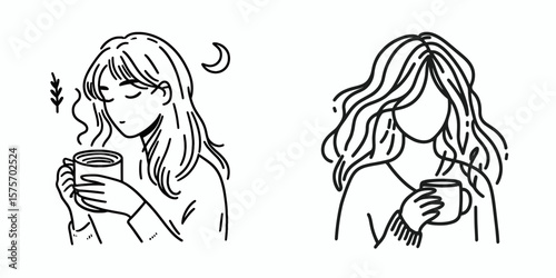 A girl hold coffee mug. Cartoon Line Art Clipart Minimal Retro Vector Illustration. Young female enjoy warm beverage at home in morning.