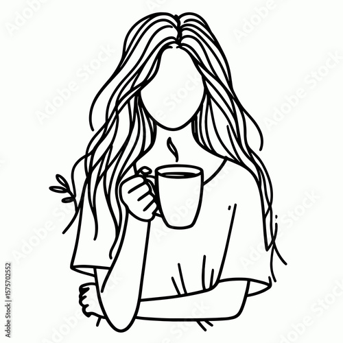 A girl hold coffee mug. Cartoon Line Art Clipart Minimal Retro Vector Illustration. Young female enjoys warm beverage from container morning drink routine.
