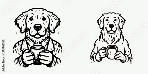 A Golden Retriever Dog hold coffee mug. Cartoon Line Art Clipart Minimal Retro Vector Illustration. Canine pet animal grabbing beverage holder cup home comfort theme.