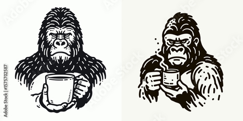 A Gorilla hold coffee mug. Cartoon Line Art Clipart Minimal Retro Vector Illustration. Ape gripping drink container primate holding java cup fauna using beverage holder.