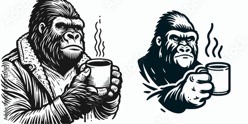 A Gorilla hold coffee mug. Cartoon Line Art Clipart Minimal Retro Vector Illustration. Ape gripping beverage cup primate handling warm drink container.