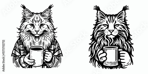 A Maine Coon Cat hold coffee mug. Cartoon Line Art Clipart Minimal Retro Vector Illustration. Big feline pet grips beverage container drinking warm liquid at home.