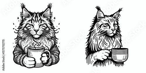 A Maine Coon Cat hold coffee mug. Cartoon Line Art Clipart Minimal Retro Vector Illustration. Longhair feline with beverage container having warm drink.