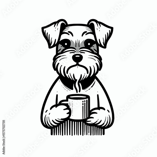 A Miniature Schnauzer Dog hold coffee mug. Cartoon Line Art Clipart Minimal Retro Vector Illustration. Small canine grips java cup adorable pet beverage concept.
