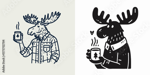 A Moose hold coffee mug. Cartoon Line Art Clipart Minimal Retro Vector Illustration. Enormous elk gripping beverage container big ruminant animal using drinkware.