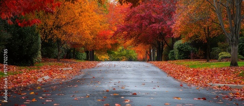 Fototapeta Naklejka Na Ścianę i Meble -  Autumnal street lined with vibrant fall foliage.