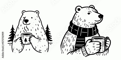 A Polar Bear hold coffee mug. Cartoon Line Art Clipart Minimal Retro Vector Illustration. Arctic mammal grasp drink container for warm beverage enjoyment concept.