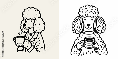 A Poodle Dog hold coffee mug. Cartoon Line Art Clipart Minimal Retro Vector Illustration. Canine with java in container curly hound enjoys morning drink.