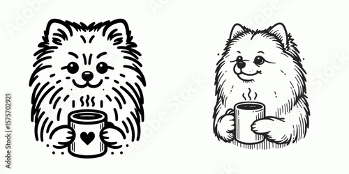 A Pomeranian Dog hold coffee mug. Cartoon Line Art Clipart Minimal Retro Vector Illustration. Small canine with beverage container cute pet enjoying warm drink.