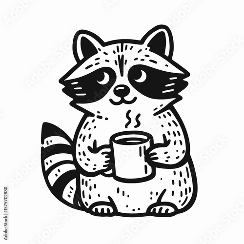 A Raccoon hold coffee mug. Cartoon Line Art Clipart Minimal Retro Vector Illustration. Creature grabbing beverage cup funny animal using drink container at home.