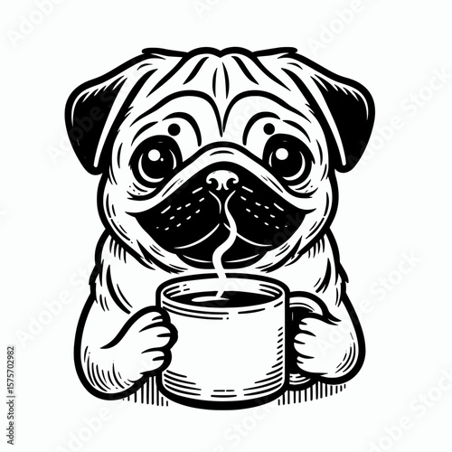 A Pug Dog hold coffee mug. Cartoon Line Art Clipart Minimal Retro Vector Illustration. Small canine grips warm drink container cute puppy enjoys hot beverage.