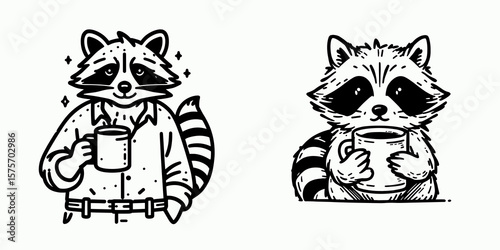 A Raccoon hold coffee mug. Cartoon Line Art Clipart Minimal Retro Vector Illustration. Cute wildlife gripping beverage cup funny critter having morning java.