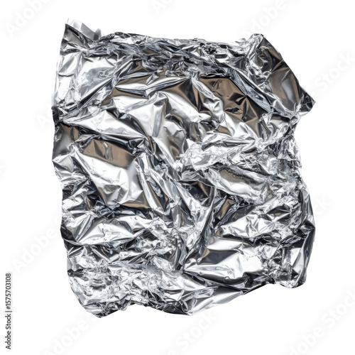 Wrinkled aluminum foil scrap texture with shiny metallic surface isolated on white background