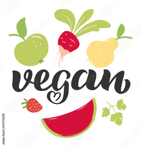 Colorful illustration highlighting the word vegan, surrounded by an array of vibrant fruits and vegetables, celebrating a healthy, plant based lifestyle and promoting overall wellness