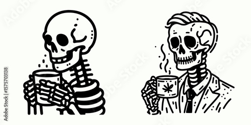 A skeleton hold coffee mug. Cartoon Line Art Clipart Minimal Retro Vector Illustration. Bony figure grips beverage cup spooky halloween autumn drink theme.