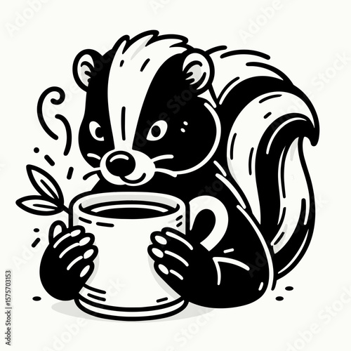 A Skunk hold coffee mug. Cartoon Line Art Clipart Minimal Retro Vector Illustration. Aroma carrier gripped by striped polecat for warm beverage enjoyment.