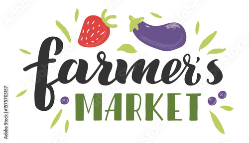 Farmer's market logo highlighting the importance of buying local products, featuring vibrant eggplant and strawberry, promoting healthy eating and supporting sustainable agriculture