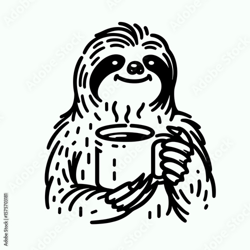 A Sloth hold coffee mug. Cartoon Line Art Clipart Minimal Retro Vector Illustration. Slow mammal with beverage container enjoying hot drink java concept.