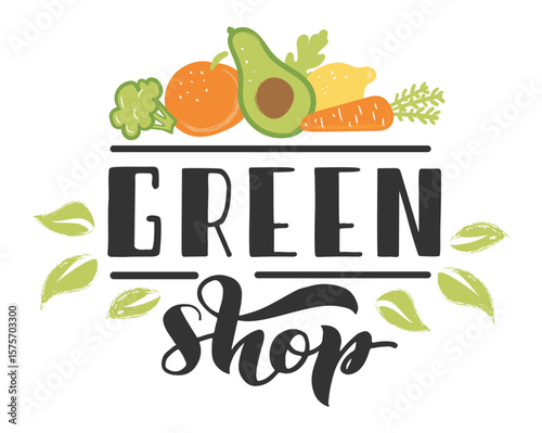 Hand drawn logo for a green shop showcases colorful vegetables, emphasizing the importance of a healthy lifestyle and promoting fresh, natural products