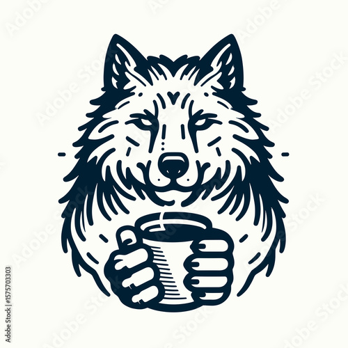 A Wolf hold coffee mug. Cartoon Line Art Clipart Minimal Retro Vector Illustration. Canine with warm beverage container clutching drinking cup image.