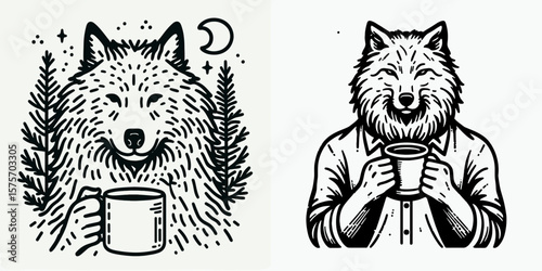 A Wolf hold coffee mug. Cartoon Line Art Clipart Minimal Retro Vector Illustration. Canine figure grasping beverage cup with animal print for morning drink.