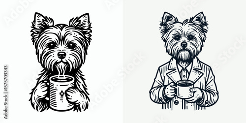 A Yorkshire Terrier Dog hold coffee mug. Cartoon Line Art Clipart Minimal Retro Vector Illustration. yorkie canine grips ceramic beverage container with both paws.