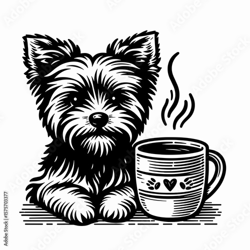 A Yorkshire Terrier Dog hold coffee mug. Cartoon Line Art Clipart Minimal Retro Vector Illustration. Tiny yorkie canine grip beverage container having drink image.