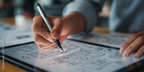 UI/UX Design Process: Hand Using Tablet for Mobile App Interface Development, Prototyping, and Wireframing with Sticky Notes in a Modern Creative Workspace.
