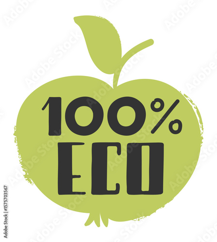 Eco friendly symbol featuring a green apple with leaf and the text 100 percent ECO promotes natural and sustainable products, emphasizing environmental consciousness and healthy living
