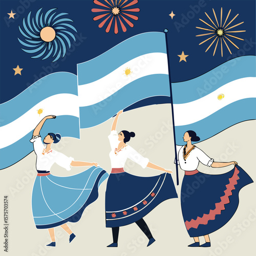 argentina women dance with flag under fireworks sky