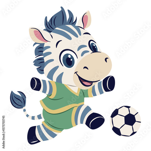 Flat vector illustration in children's cartoon style. Cute zebra in soccer uniform playing soccer on white background. Vector illustration