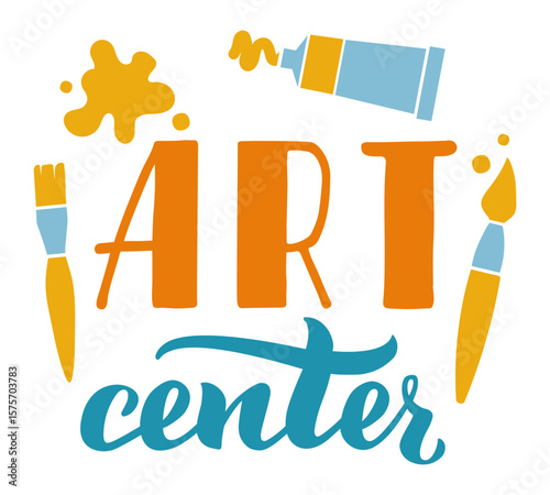 Colorful logo for an art center featuring paintbrushes, a paint tube squeezing color, and the words art center in a playful font, ideal for promoting creativity and artistic expression