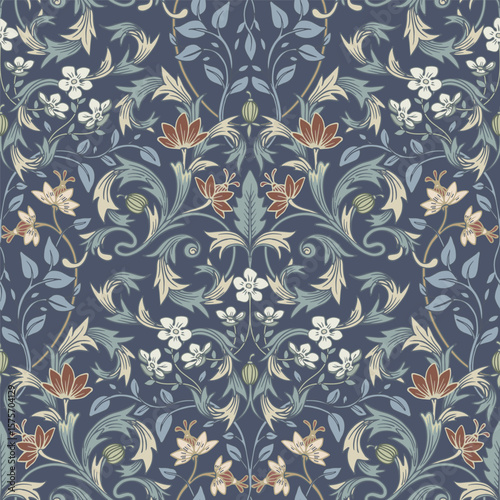 Blue retro pattern. Plant tapestry.