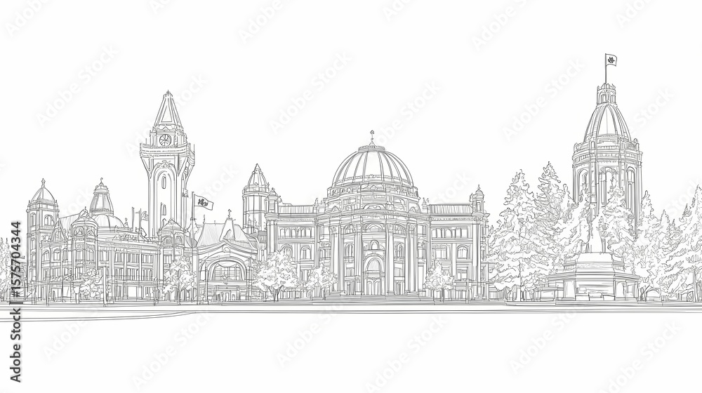 Obraz premium Detailed line drawing of historical buildings.