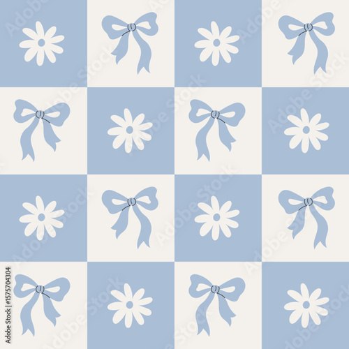 Daisy and Tied Bow Seamless Pattern. Shabby Chic Pastel colored Chessboard background with chamomile flowers and ribbons on blue checkerboard. Repeat vector illustration