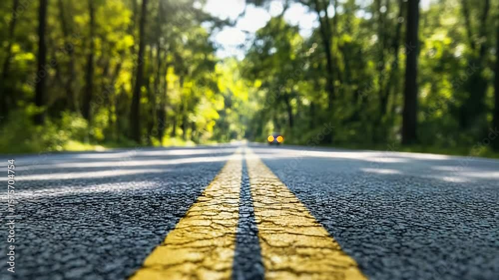 Cracked double yellow lines leading to white car on asphalt road through forest