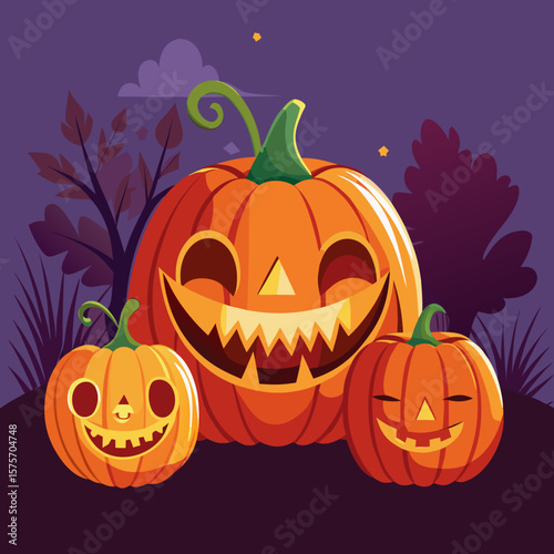 Three happy carved halloween pumpkins glowing at night with spooky trees and stars
