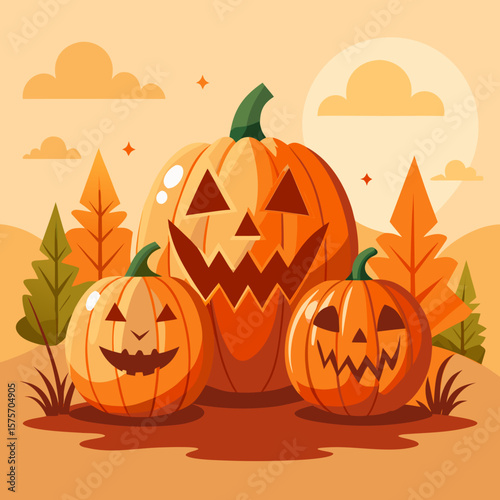Three happy carved halloween pumpkins in a fall landscape with trees and clouds