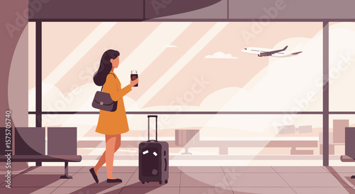 Woman with suitcase and passport in airport terminal, flat vector style