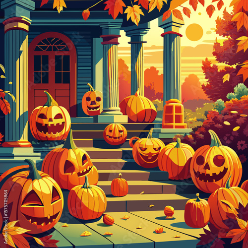 Jack-o'-lanterns glow in a dark, spooky autumn scene, celebrating the October holiday with scary, evil faces